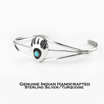 画像1: インディアンジュエリー ナバホ族 ハンドメイド 925 スターリングシルバー ターコイズ ベアパウ ブレスレット/Native American Navajo Sterling Silver Turquoise Bear Paw Bracelet