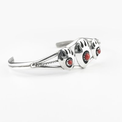 画像2: インディアンジュエリー ナバホ族 ハンドメイド コーラル 925 スターリングシルバー ベアパウ ブレスレット/Native American Navajo Coral Sterling Silver Bear Paw Bracelet