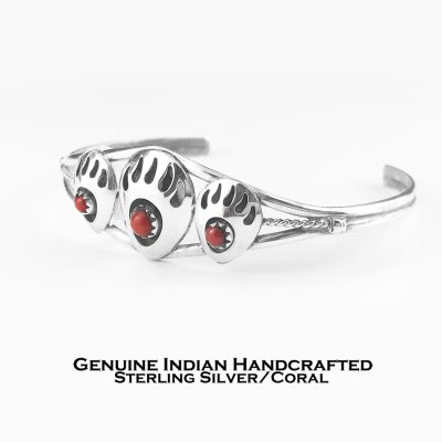 画像1: インディアンジュエリー ナバホ族 ハンドメイド コーラル 925 スターリングシルバー ベアパウ ブレスレット/Native American Navajo Coral Sterling Silver Bear Paw Bracelet