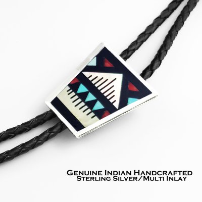 画像1: ネイティブアメリカン ズニ族 ハンドメイド スターリングシルバー マルチインレイ ボロタイ/ Zuni Handmade Sterling Silver Multi Inlay Bolo Tie
