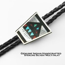 画像1: アメリカ インディアン ズニ族 ハンドメイド スターリングシルバー マルチインレイ ボロタイ/ Zuni Handmade Sterling Silver Multi Inlay Bolo Tie (1)