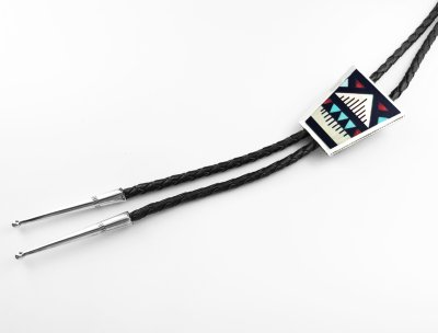 画像2: ネイティブアメリカン ズニ族 ハンドメイド スターリングシルバー マルチインレイ ボロタイ/ Zuni Handmade Sterling Silver Multi Inlay Bolo Tie