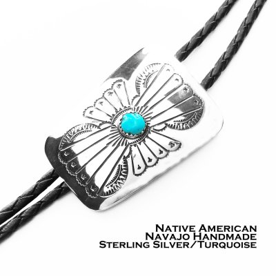 画像1: ネイティブアメリカン ナバホ族 ハンドメイド シルバー&ターコイズ ボロタイ/Navajo Sterling Silver&Turquoise Bolo Tie