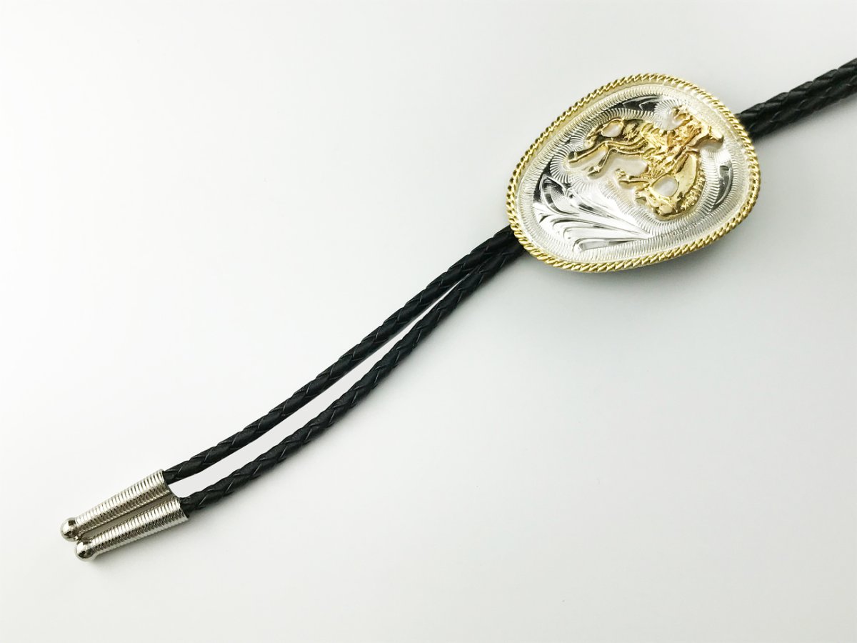 画像2: ウエスタン ボロタイ エングレーブ ブロンコ(シルバー・ゴールド)/Western Bolo Tie Engraved w/Bronc  (2)