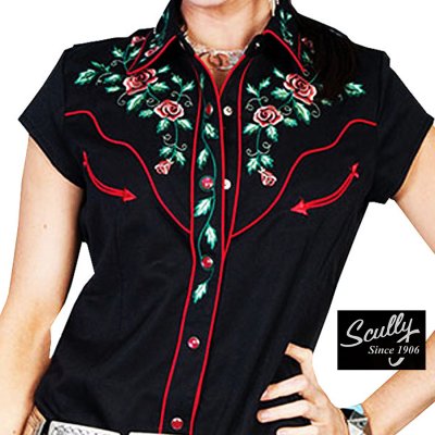 画像1: スカリー ウエスタン 刺繍 シャツ ブラック キャップスリーブ/Scully Western Shirt(Women's)