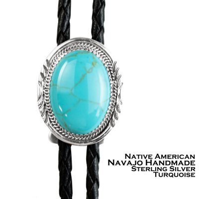 画像1: ターコイズ&シルバー ボロタイ ネイティブアメリカン ナバホ族 ハンドメイド/Navajo Turquoise&Sterling Silver Bolo Tie