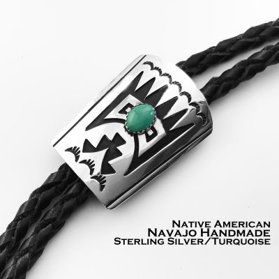 画像1: ネイティブアメリカン ナバホ族 シルバー&ターコイズ ハンドメイド ボロタイ/Navajo Sterling Silver&Turquoise Bolo Tie