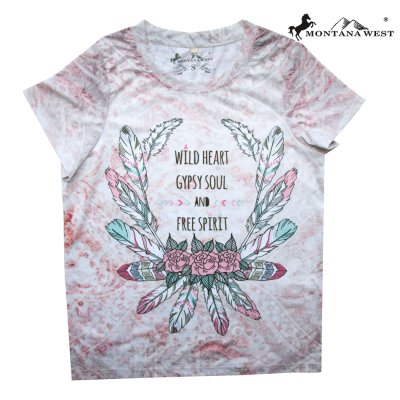 画像1: モンタナウエスト フラワー フェザー レディース ウエスタン 半袖Tシャツ（ピンク）/Montana West WILD HEART GYPSY SOUL AND FREE SPIRIT Short Sleeve T-shirt(Women's)