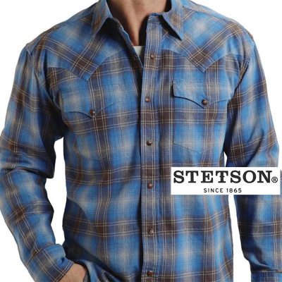 画像1: ステットソン フランネル ウエスタンシャツ（ブルー・ブラウン/長袖）S/Stetson Flannel Long Sleeve Western Shirt Blue/Brown Plaid
