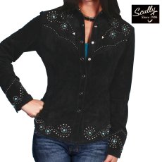 画像1: スカリー ターコイズ&シルバースタッズ レザー ウエスタン シャツ ジャケット(ブラック)/Scully Leather Shirt Jacket Black(Women's) (1)