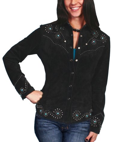 画像1: スカリー ターコイズ&シルバースタッズ レザー ウエスタン シャツ ジャケット(ブラック)/Scully Leather Shirt Jacket Black(Women's)