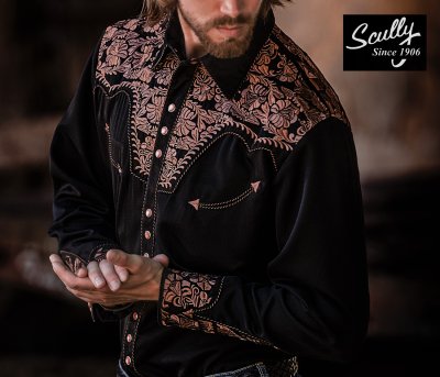 画像1: スカリー ウエスタン 刺繍シャツ（長袖/ブラック・ブラウン）/Scully Long Sleeve Embroidered Western Shirt (Men's)