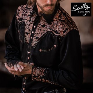 スカリー 刺繍 ウエスタン シャツ（長袖/ブラック・ブルーフローラル