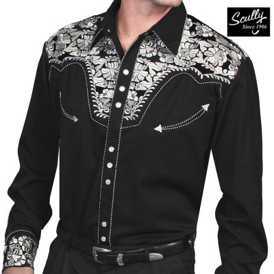 画像1: スカリー ウエスタン 刺繍 シャツ（長袖/ブラック・シルバー）XS（身幅54cm）/Scully Long Sleeve Embroidered Western Shirt(Men's)