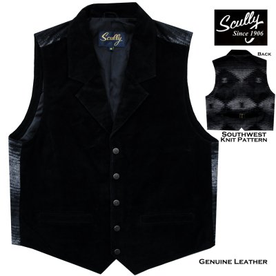 画像1: スカリー スナップフロント ブラックレザー&サウスウエストパターンバック ベスト(ブラック)/Scully Genuine Leather Southwest Knit Pattern Back Vest(Black)