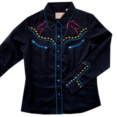 画像1: スカリー ホース・馬 刺繍 ウエスタン シャツ(長袖/ブラック・マルチカラー)S/Scully Long Sleeve Horse Silhouettes Western Shirt(Women's)