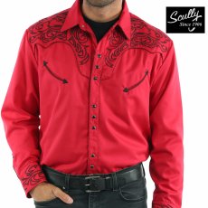 画像1: スカリー ウエスタン 刺繍 シャツ（長袖/クリムゾン・ブラック）L（身幅64cm）/Scully Long Sleeve Embroidered Western Shirt(Men's) (1)