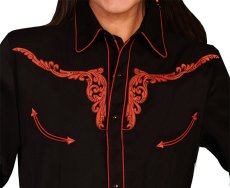 画像2: スカリー テキサスロングホーン 刺繍 ウエスタン シャツ（長袖/ブラック・バーントオレンジ）/Scully Long Sleeve Tooled longhorn design Western Shirt(Women's)  (2)