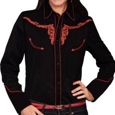 画像1: スカリー テキサスロングホーン 刺繍 ウエスタン シャツ（長袖/ブラック・バーントオレンジ）/Scully Long Sleeve Tooled longhorn design Western Shirt(Women's)  (1)