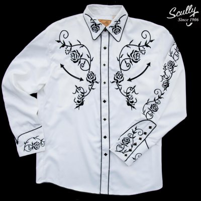 画像1: スカリー ウエスタン 刺繍 シャツ（長袖/ホワイト・ブラック）/Scully Long Sleeve Embroidered Western Shirt