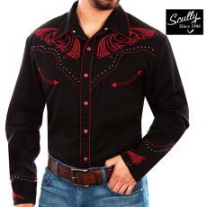 画像1: スカリー レッドスクロール刺繍・メタルスタッズ・キャンディケイン ウエスタン シャツ（長袖/ブラック・レッド）/Scully Long Sleeve Embroidered Western Shirt(Men's) (1)