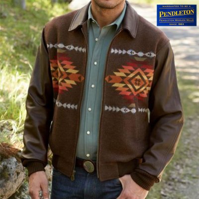 画像1: ペンドルトン ウール・レザー ジャケット ブラウン（Pueblo Dwelling）/Pendleton Cassidy Coat