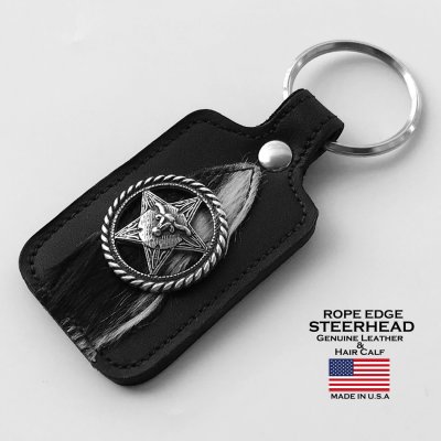 画像1: ウエスタン キーホルダー スクエア ブラック（スター&ロープエッジ ステアーヘッド コンチョ・レザー&カウヘアー）/Steerhead Western Concho Leather&Hair Calf Key Fob(Square/Black)