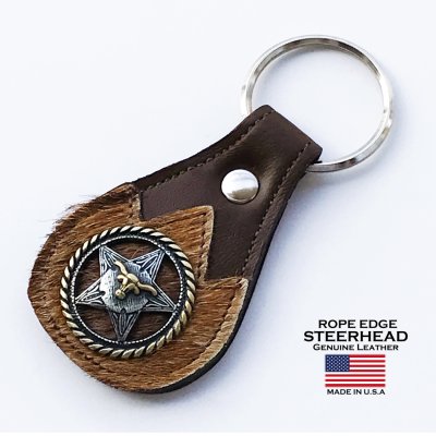 画像1: ウエスタン キーホルダー ブラウン（スター&ロープエッジ ステアーヘッド コンチョ・レザー&カウヘアー）/Steerhead Western Concho Leather&Hair Calf Key Fob(Brown)