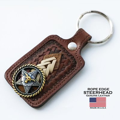 画像1: ウエスタン キーホルダー スクエア ブラウン（スター&ロープエッジ ステアーヘッド コンチョ・レザー）/Steerhead Western Concho Leather Key Fob(Square/Black)