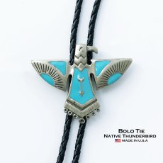 画像1: ボロタイ サンダーバード（アンテイークシルバー・ターコイズ）/Western Bolo Tie Native Thunderbird (1)