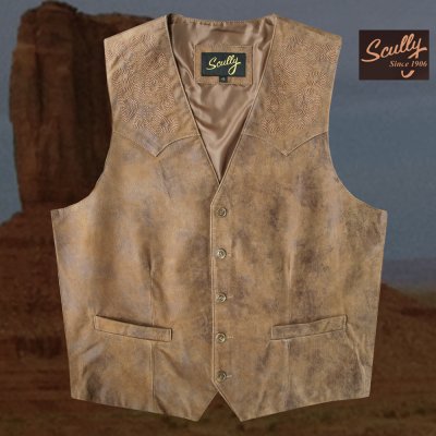 画像1: スカリー フロント&バック ヨーク ブーツステッチ刺繍  フロンティア ウエスタン レザー ベスト（ブラウン）ラージサイズ 46/Scully Frontier Leather Vest