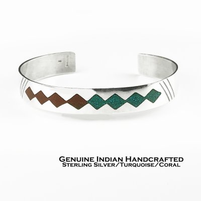 画像1: インディアンジュエリー ナバホ族 ハンドメイド スターリングシルバー ターコイズ コーラル チップインレイ ブレスレット/Native American Navajo Sterling Silver Turquoise & Coral Chips Inlay Cuff Bracelet