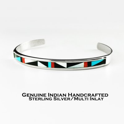 画像1: インディアンジュエリー ズニ族 スターリングシルバー マルチ インレイ ハンドメイド ブレスレット/Native American Zuni Sterling Silver Multi Inlay Cuff Bracelet