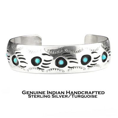 画像1: インディアンジュエリー ナバホ族 パーレーン スペンサー ハンドメイド 925 スターリングシルバー ターコイズ  ベアパウ ブレスレット/Native American Navajo Pearlene Spencer Sterling Silver Turquoise Bear Paw Cuff Bracelet