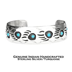 画像1: アメリカ インディアン ナバホ族 パーレーン スペンサー ハンドメイド 925 スターリングシルバー ターコイズ ベアパウ ブレスレット/Native American Navajo Pearlene Spencer Sterling Silver Turquoise Bear Paw Cuff Bracelet (1)
