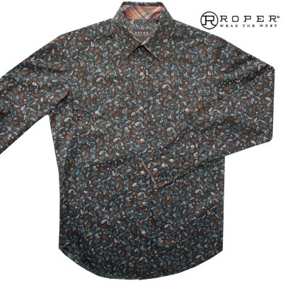画像1: ローパー スナップ フロント ペイズリー ウエスタンシャツ ブラウン(長袖)/Roper Long Sleeve Snap Front Paisley Western Shirt Brown