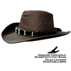 画像1: クロコダイルレザー＆ティース オイルレザーハット（ブラウン）L(58cm）/Crocodile Hatband Oiled Leather Hat(Brown) (1)