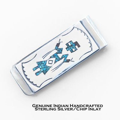 画像1: アメリカインディアン ナバホ族 ジョリーンヤジー作 925シルバー＆ターコイズ・コーラル チップ インレイ ハンドメイド マネークリップ/Native American Navajo Joleen Yazzie Sterling Silver Chip Inlay Money Clip