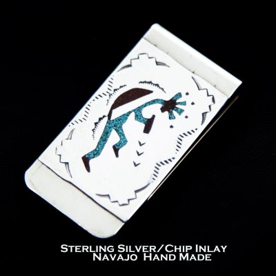 画像1: アメリカインディアン ナバホ族作 シルバー＆ターコイズ・コーラル チップ インレイ ハンドメイド マネークリップ（ココペリ）/Navajo Kokopelli Chip Inlay Money Clip