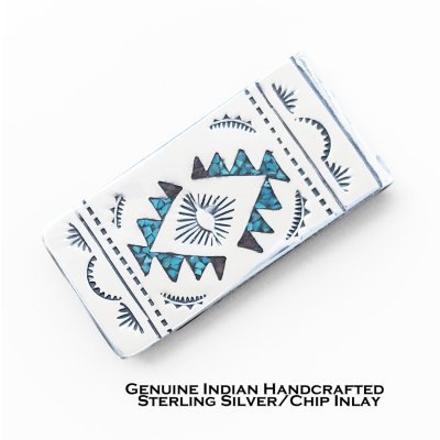 画像1: アメリカインディアン ナバホ族 ジョリーンヤジー作 925シルバー＆ターコイズ・コーラル チップ インレイ ハンドメイド マネークリップ /Native American Navajo Joleen Yazzie Sterling Silver Chip Inlay Money Clip