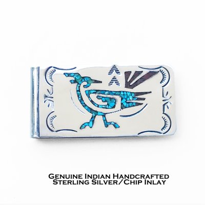画像1: アメリカインディアン ナバホ族 ジョリーンヤジー作 925シルバー＆ターコイズ・コーラル チップ インレイ ハンドメイド マネークリップ ロードランナー/Native American Navajo Joleen Yazzie Sterling Silver Chip Inlay Money Clip Roadrunner