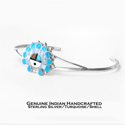 画像1: インディアンジュエリー ズニ サンフェイス スターリングシルバー ターコイズ マルチ インレイ ハンドメイド ブレスレット/Native American Zuni Emma Romancito Sterling Silver Turquoise Multi Inlay Sun Face Cuff Bracelet