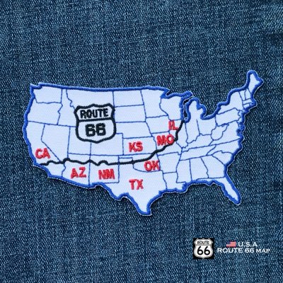 画像1: ワッペン ルート66 8州 ルートマップ アメリカ地図 カリフォルニア州ロサンゼルス〜イリノイ州シカゴ ホワイト/Patch Route 66 map