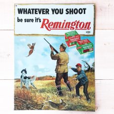 画像1: レミントン ハンティング銃 狩猟犬 エンボス加工 ティンサイン メタルサイン 看板【訳あり商品-SDGs】/Remington WHATEVER YOU SHOOT be sure it's Remington Embossed Metal Sign  (1)