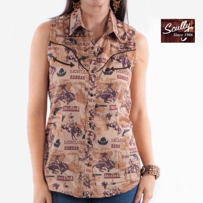 画像1: スカリー ノースリーブ レディース ウエスタンシャツ バッキングブロンコ アメリカンステイツ /Scully Sleeveless Western Shirt Bucking Broncos States Brown(Women's)