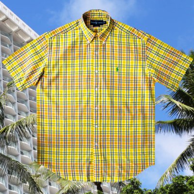 画像1: ラルフローレン 半袖 シャツ（レモンイエロー・ピーチ）ラージサイズ/Ralph Lauren Plaid Shortsleeve Shirt