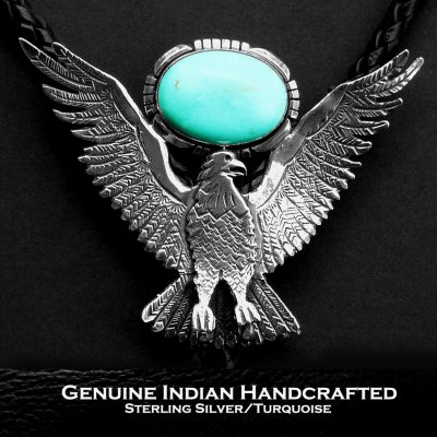 画像1: アメリカンイーグル ナバホ スターリングシルバー ターコイズ ボロタイ/American Eagle Navajo Sterling Silver Turquoise Bolo Tie