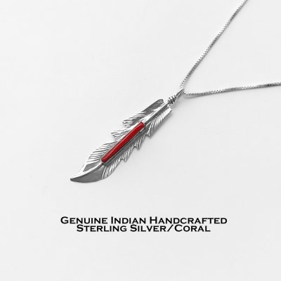 画像1: ネイティブアメリカン ナバホ族 フェザー コーラル&スターリングシルバー ペンダント トップ/Navajo Handmade Coral&Sterling Silver Pendant
