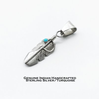 画像1: ナバホ インディアン ハンドメイド スターリングシルバー・ターコイズ フェザー ペンダント トップ/Navajo Sterling Silver Turquoise Pendant Feather