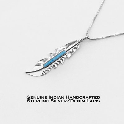 画像1: ネイティブアメリカン ナバホ族 フェザー デニムラピス&スターリングシルバー ペンダント トップ/Navajo Handmade Denim Lapis&Sterling Silver Pendant